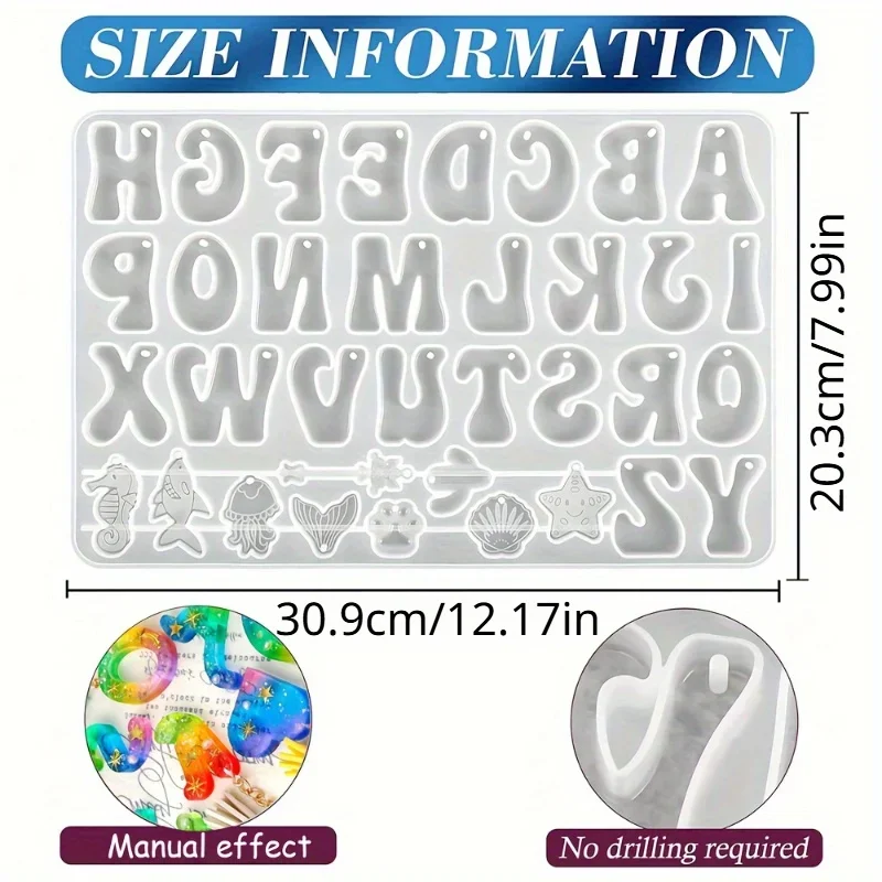 Conjunto de moldes de fundição de resina de silicone com letra reversa do alfabeto em forma de para chaveiro DIY, moldes de resina epóxi com furo de suspensão