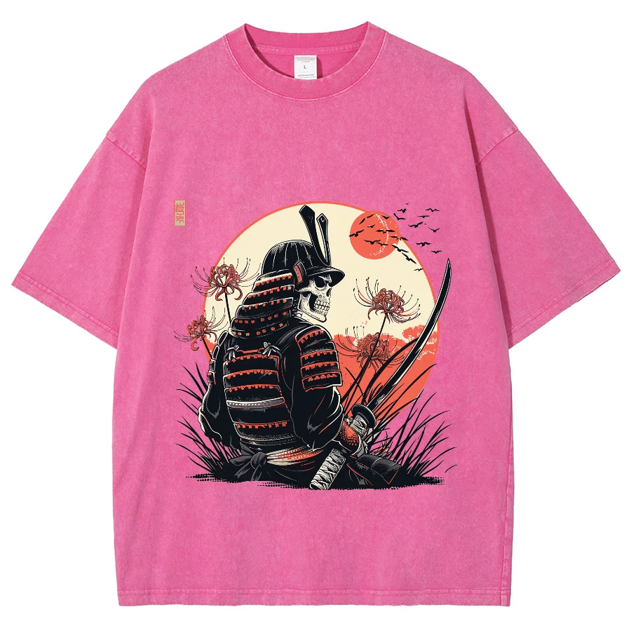 Fashion Trend Designer New T-Shirt Washed Denim Loose Shoulder Moonlight Skull With Knife Print Neutral Style Short Sleeve