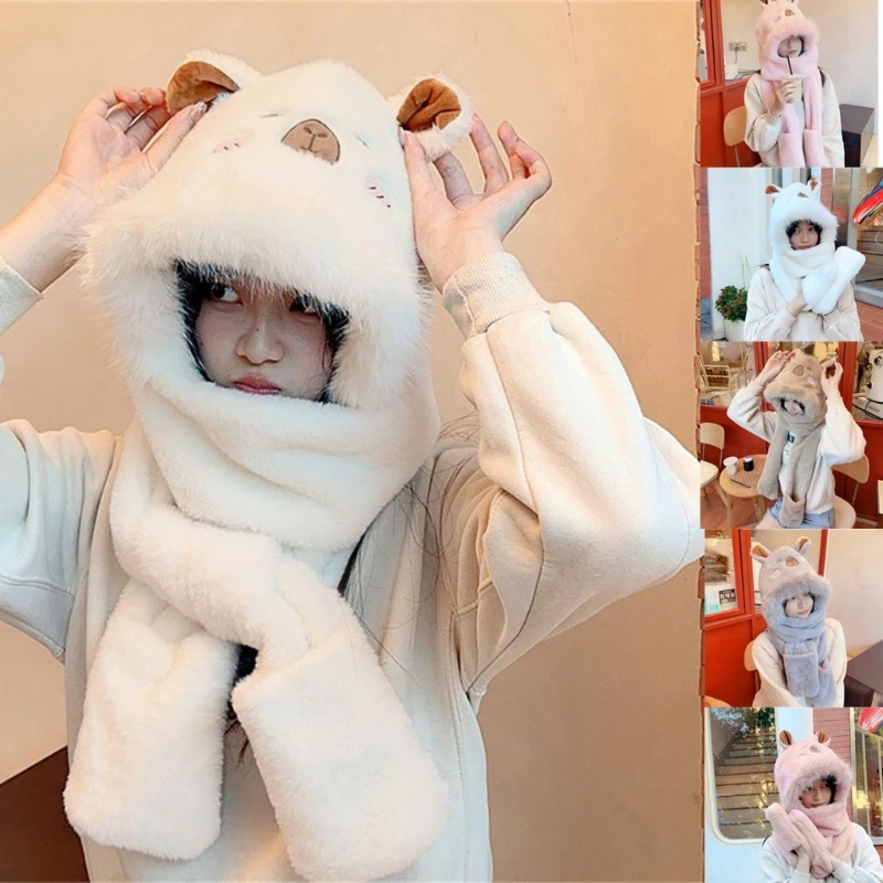 Bear Ear Plush Scarf Gloves Hat for Cold Weather Earflap Hat for Student Girl Outdoor Winter Activity Ear Protective Dropship image 2