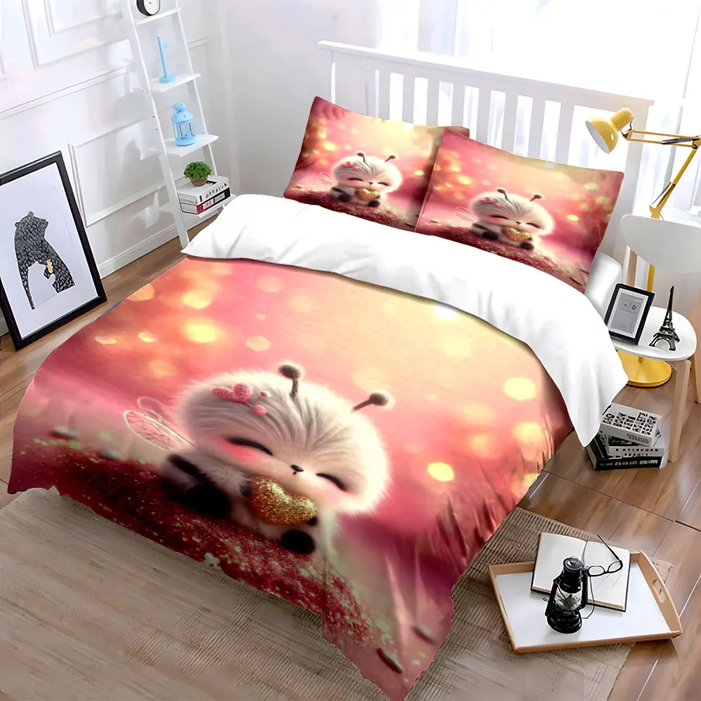 Adorable fluffy bee hugging golden heart Bedding Set for Kids Luxury Gift 3pcs Digital Print Comforter Set Soft Comfortable