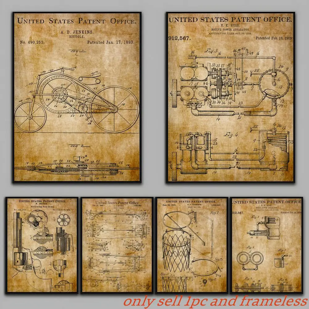 Vintage Antique Instrument Patent Shet Poster Painting Prints Wall Art Picture Film Room Home Bar Cafe Decor Home Mural