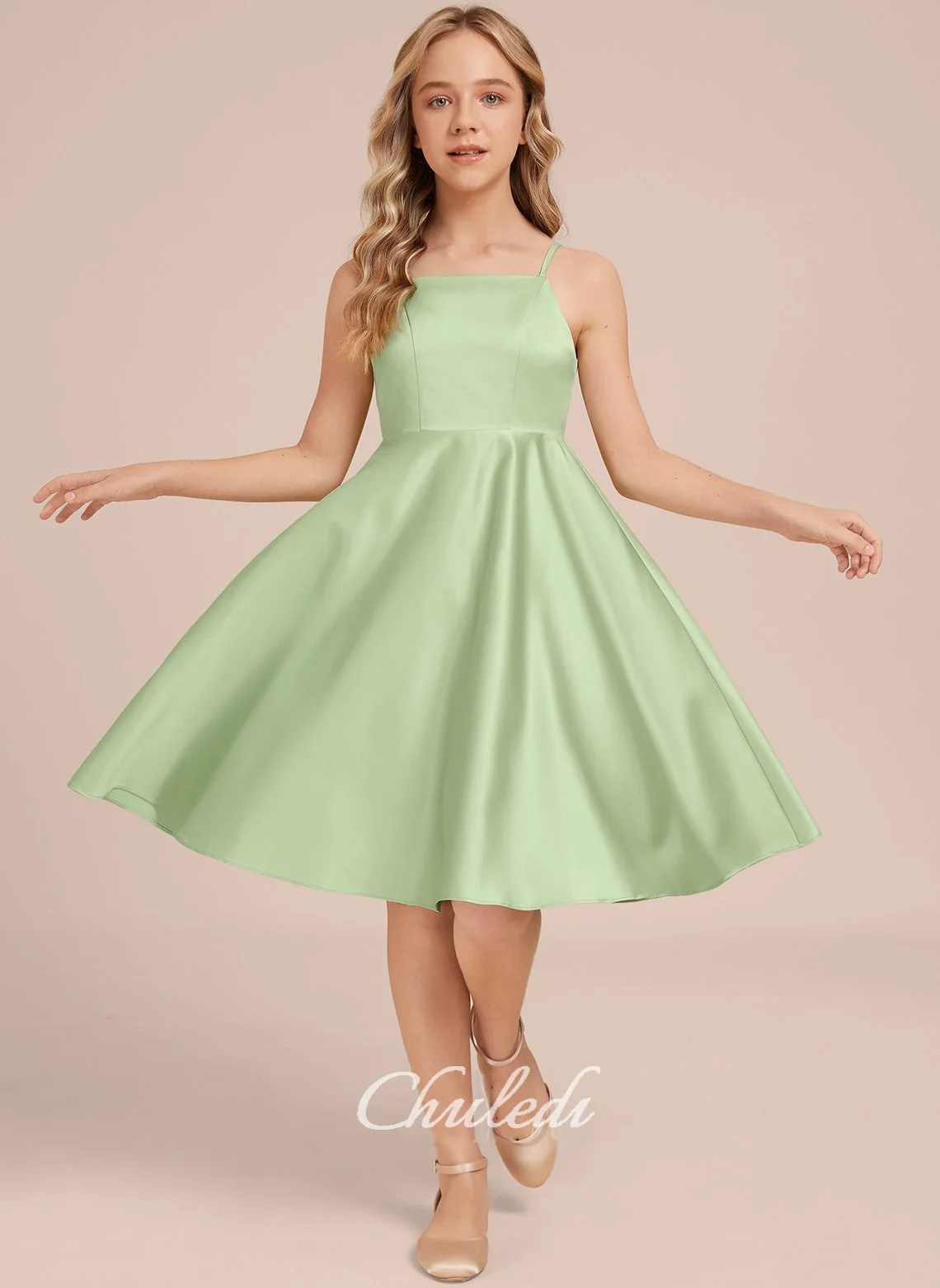 

A-line Square Knee-Length Satin Junior Bridesmaid Dress Suspender style with backless bow decoration