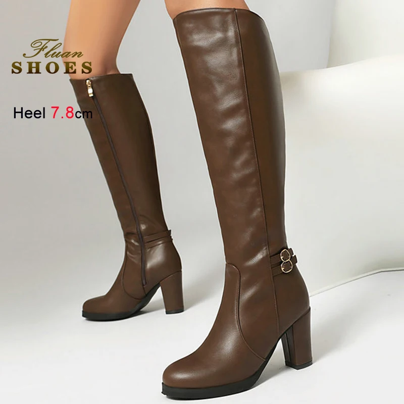 

2025 Fashion Women Boots Large Size Knee Length Boots Leather Buckle Lace Up Tall Boots Autumn Winter Short Plush Knight Boots