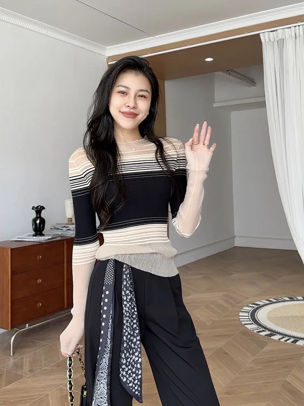 

Топ Zhang a Xing【Rou Mur Simple】высокоэластичный, с цветными полосками, в корейском стиле, полупрозрачный, облегающий, модный