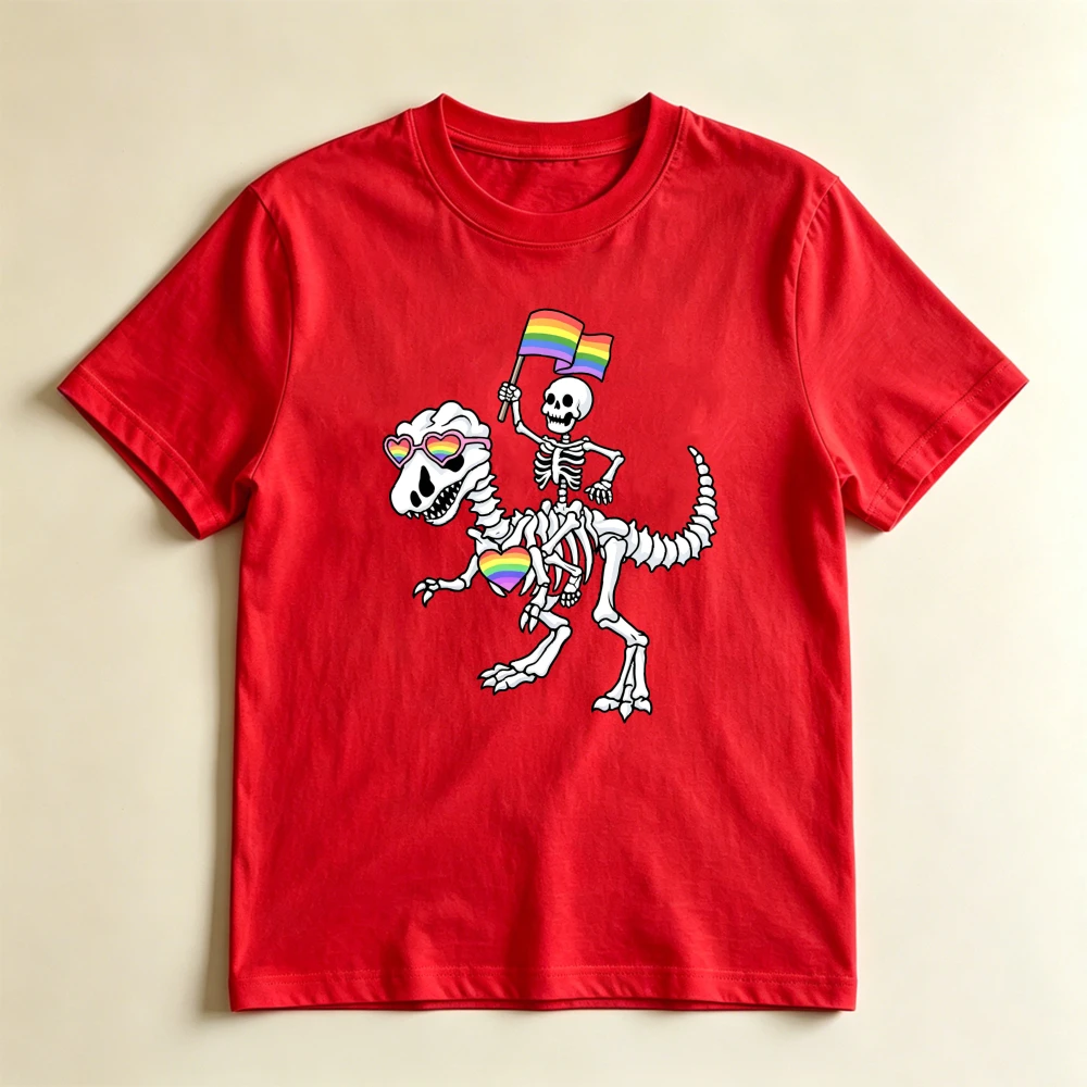 Rainbow Pride Skeleton Riding Dinosaur Graphic T Shirt Women Summer Humor Cartoon Tee LGBT Flag Print Tops
