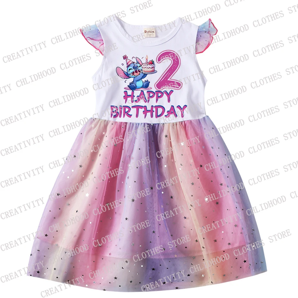 Stitch Meisje Jurk Verjaardag Nummer 1-14 Meisjes Prinses Print Cartoons Disney Kinderen Casual Kleding Gaas Jurken Kid Baby Geschenken