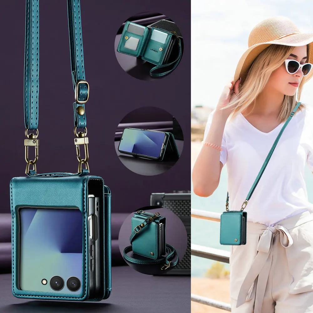 

Для Samsung Galaxy Z Flip 7 5G 2025 Роскошный чехол через плечо с ремешком Складной RFID-кожаный чехол для карт Samsung Z Flip7 Чехол-кошелек