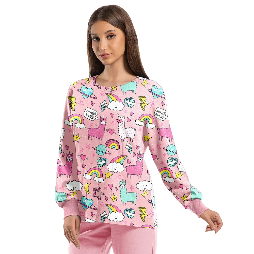 レディースカジュアル医療スクラブジャケットユニフォーム、柔らかく快適なポリエステルスパンデックス、長袖、シングルブレスト、プリント入り歯科医ジャケット