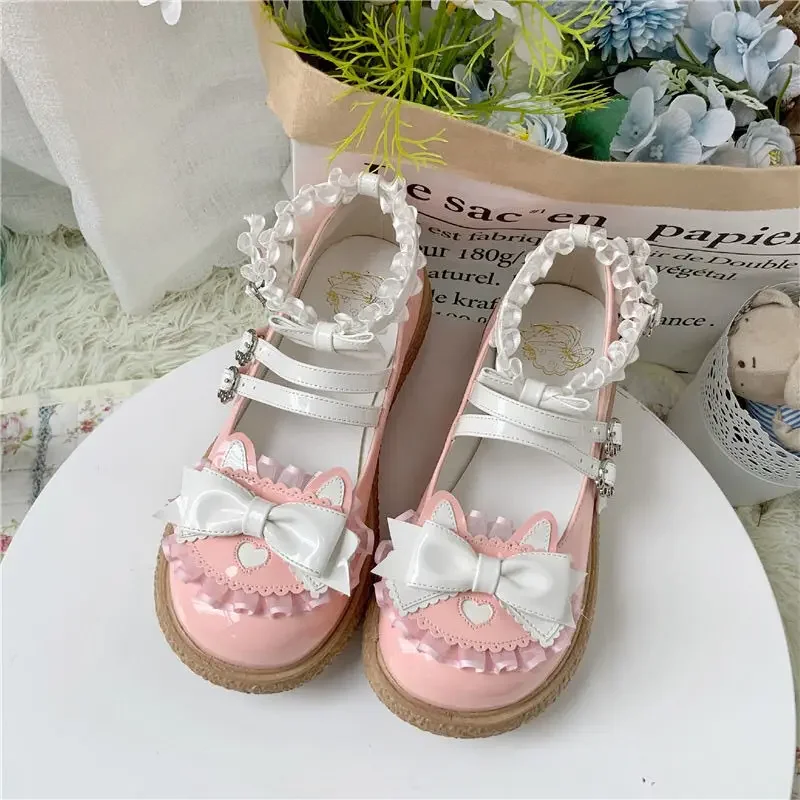 Lisapie Blue Lolita Shoes Sweet Bow Buckle Strap Cosplay Shoes Woman Solid Color Patchwork Lace Flat platform Mary Jane Shoes