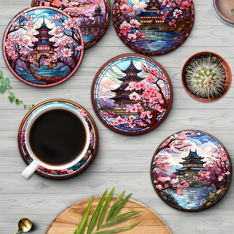 

4/6pcs Wooden Coasters Featuring Cherry Blossom Kimono Element Mount Fuji Design Colorful Pattern 2D Coffee Shop Dining Mat Gift