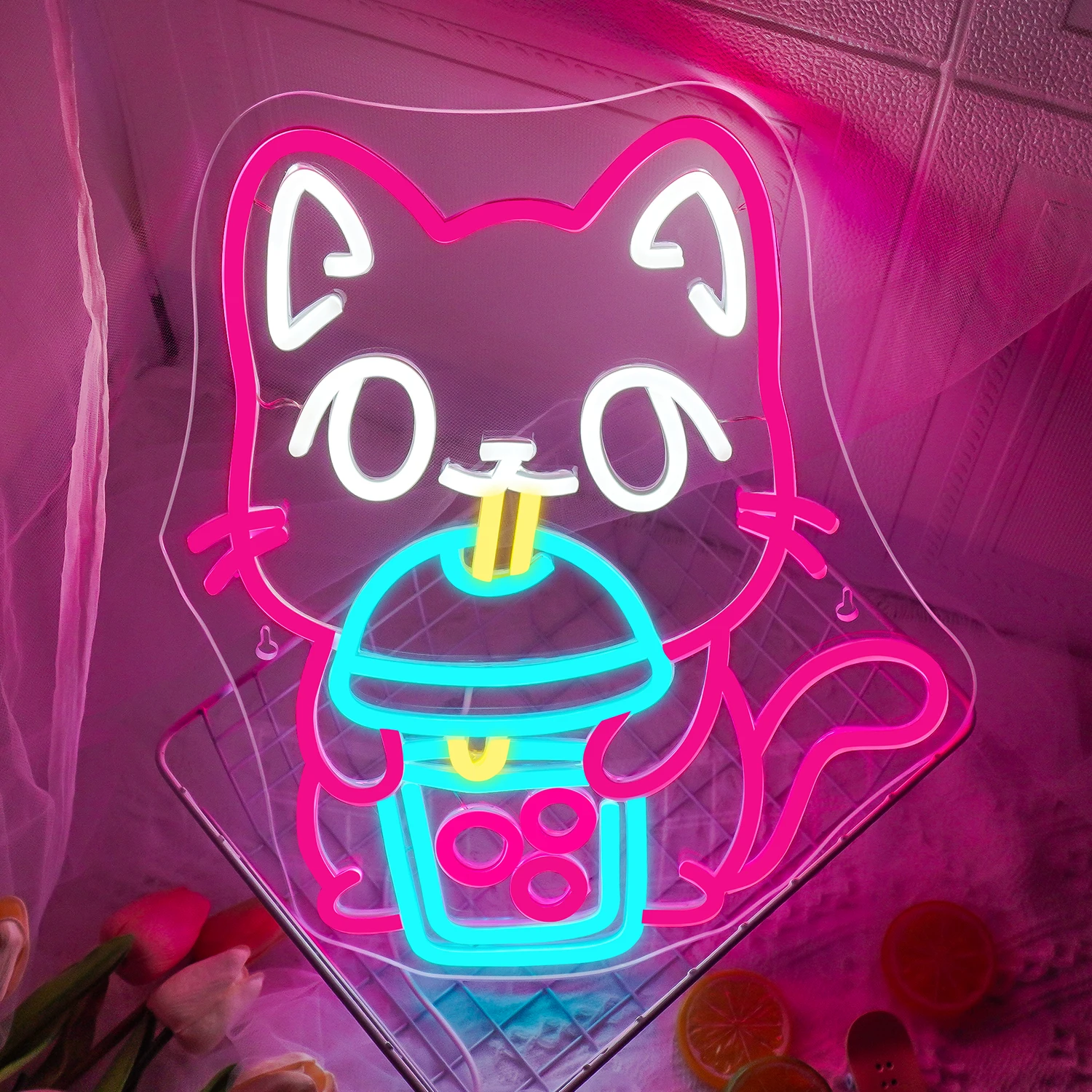 Cat Boba Tea Neon Sign Bubble Tea Art Signs For Wall Decor Dimmable LED Lights Room Decoration For Dessert Shop Bar Bedroom Club