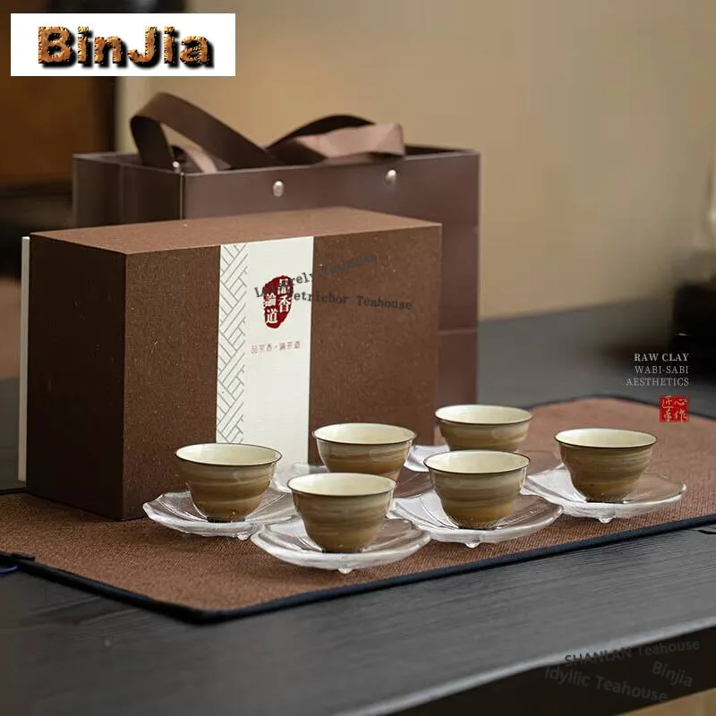 

6Pc/Set Handmade Powder Yin Gourd Tea Cup Set Tasting Mater Saucer Bowl With Kit Kung Fu Teaware Gift Box Accessories supplies