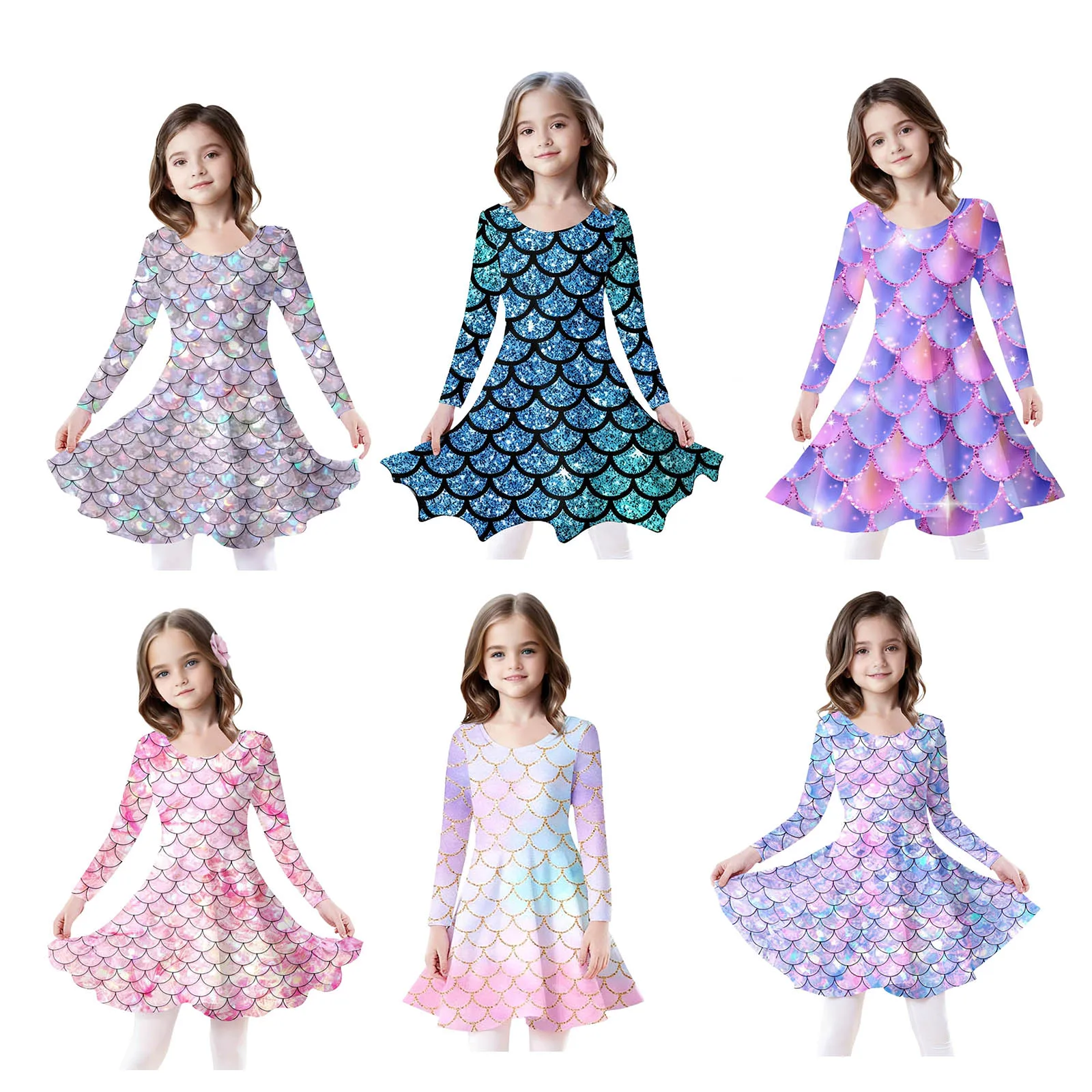 فستان بناتي للأطفال مطبوع عليه مقياس السمك بأكمام طويلة على شكل حرف A فساتين حورية البحر للأميرة المتأرجحة للحفلات التنكرية وحفلات الشاطئ غير الرسمية #6