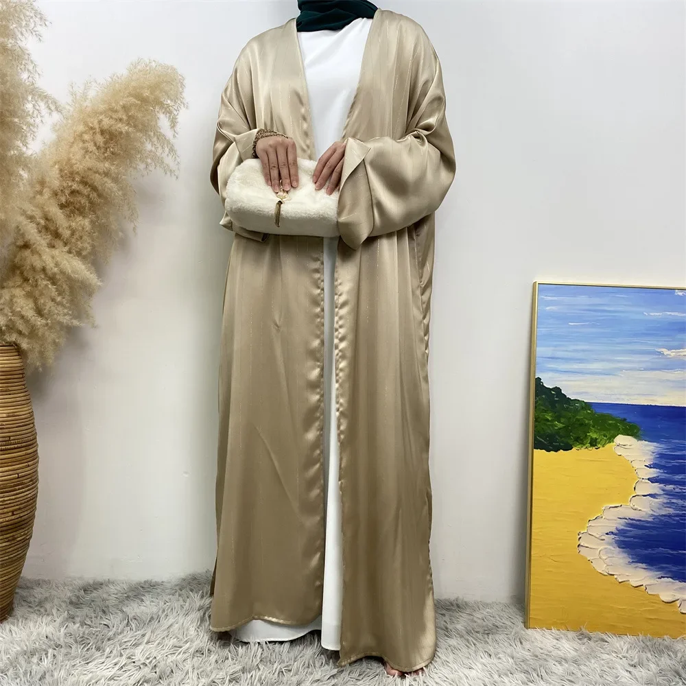 رمضان كيمونو عبايات للنساء متواضع مسلم مغربي دبي فساتين راقية مفتوحة الجبهة عباية الساتان عيد الأضحى 2025 ملابس الإسلام