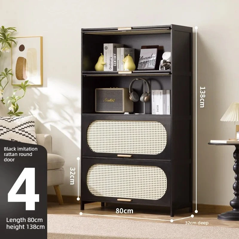 Modern black multi-layer bookshelf, light luxury living room storage cabinet, wicker door dining cabinet, collection cabinet