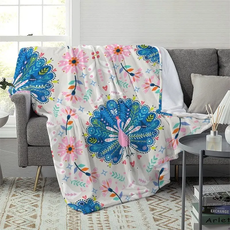 Boho Peacock Dove Floral Folk Art Decor Pattern Throw Blanket Soft Flannel Kids Bedroom Sleeping Nook Warm Home Decor Gift