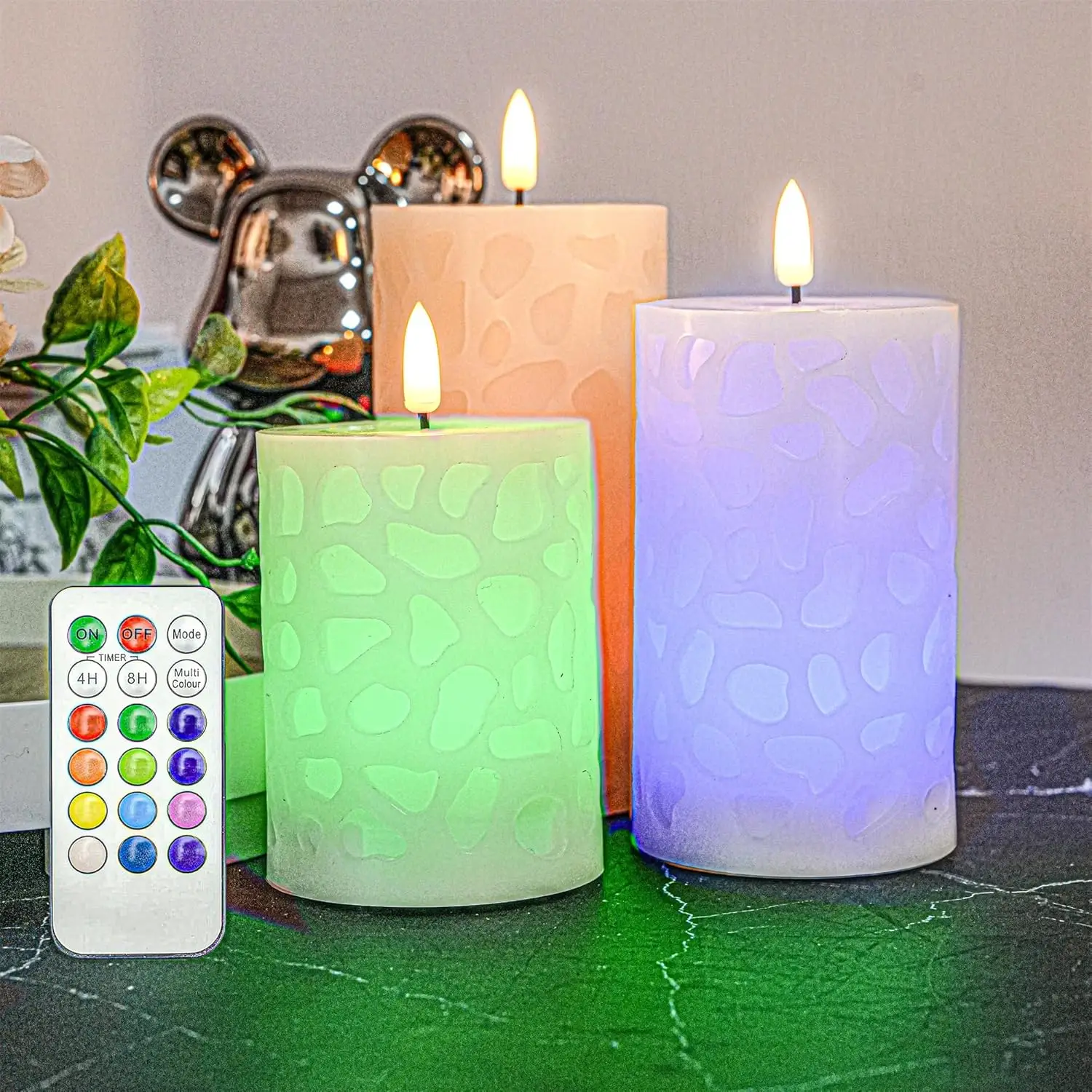 Set of 3 LED Multi Colored Flameless Candles Remote Controlled Flickering 3D Flame Color Changing Candles Realistic Paraffin Wax