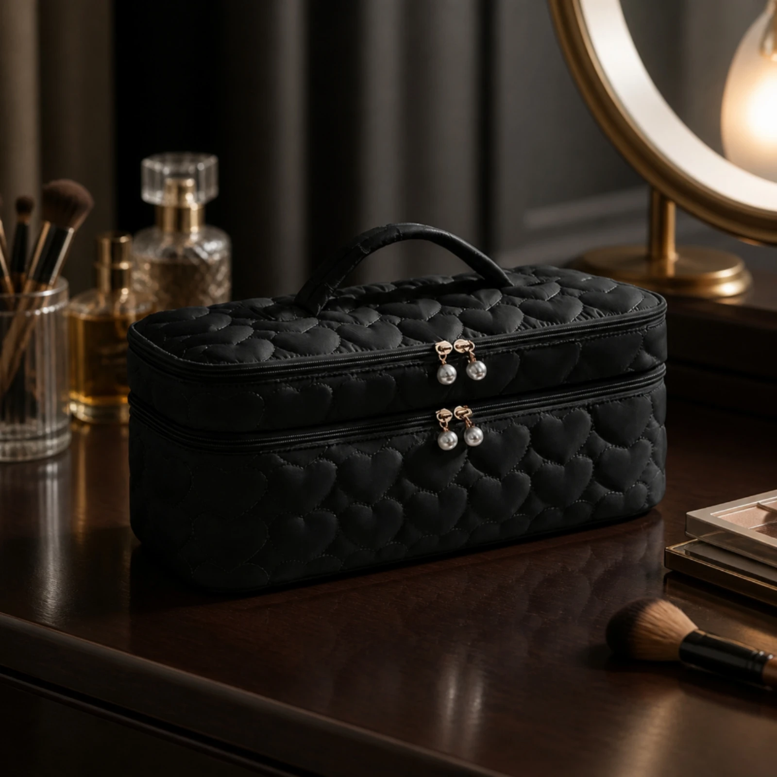 Portable Toiletry Organizer with Carrying Handle Structured Polyester Travel Organizer Bag Makeup Bag with Compartments