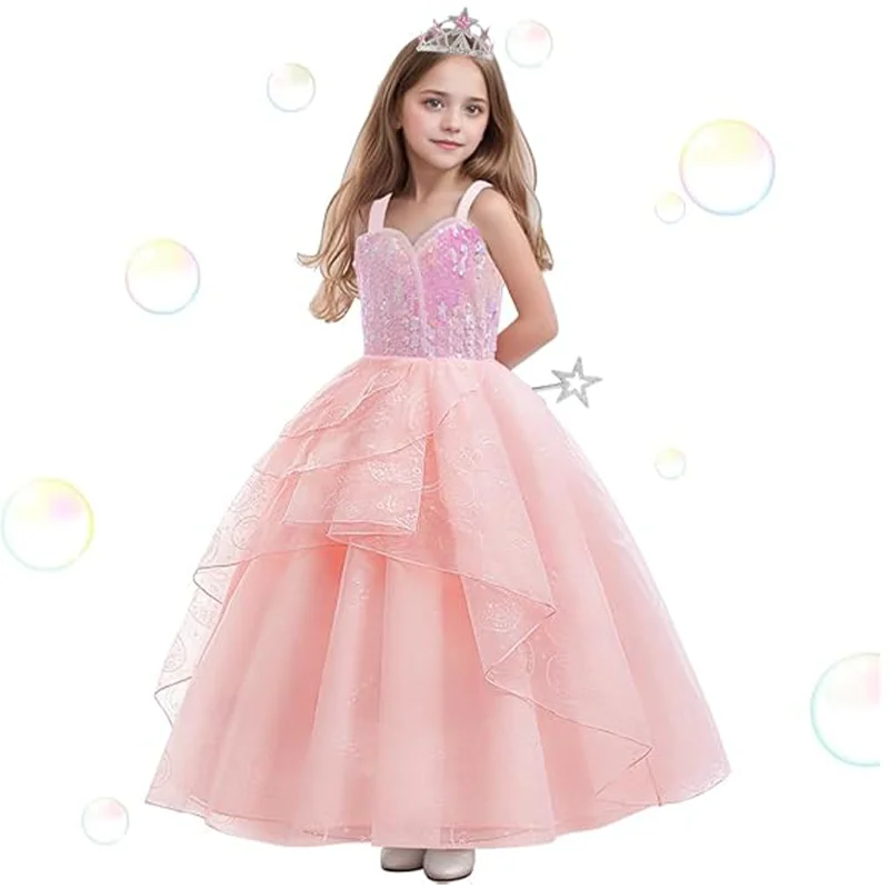 Movie Magic Wicked Witch Cosplay Costume Glinda Pink Sequins Princess Dress For Girls Evening Carnival Birthday Party Gown 4-12Y