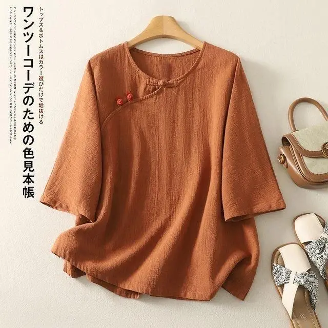 Summer Retro Linen Tea Wear Blouse, Women New Chinese Pullover Crew Neck Frog‑Button 5‑Point Sleeve Thin Linen‑Cotton Top
