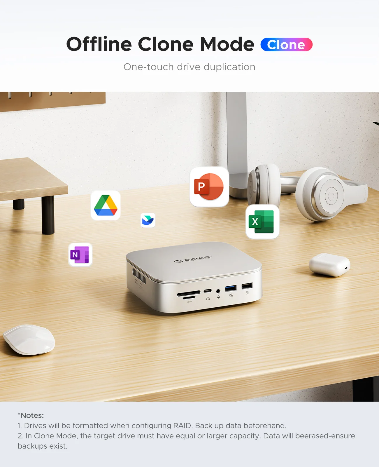 ORICO 10 Gbit/s Dockingstation Dual M.2 SSD Gehäuse Hub 4K60Hz-HDMI PD60W Offline-Klon-Erweiterung mit Lüfter für Mac Mini