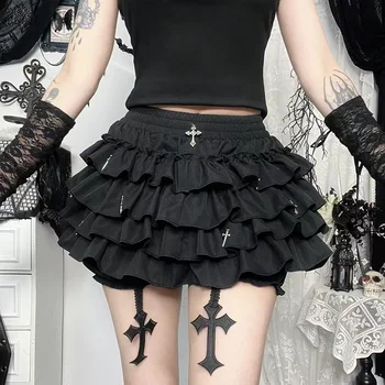 Women Skirts Tiered Ruffles Mini Skirt with Cross Charms Built-in Shorts Kawaii Sukapan…