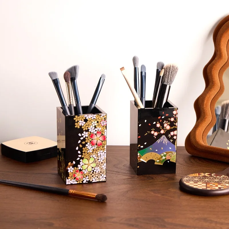 ✨Japanese Lacquer Pen Holder Desk Organizer Sakura Fuji Mountain Owl Wooden Makeup Brush Storage Box office accessories