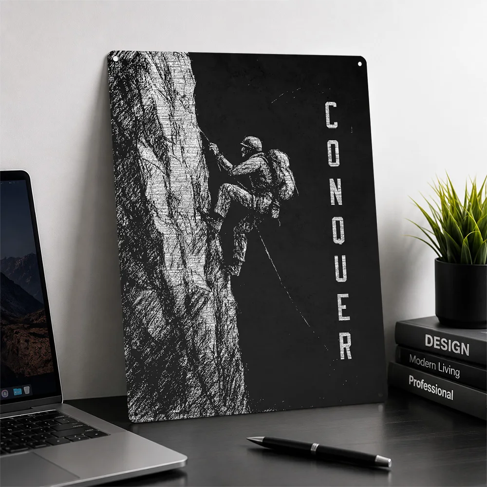 Conquer: Rock Climbing Adventure Sport Personalized 3D Textured Metal Poster Wall Art Vintage Tin Signs for Room Ornaments Decor