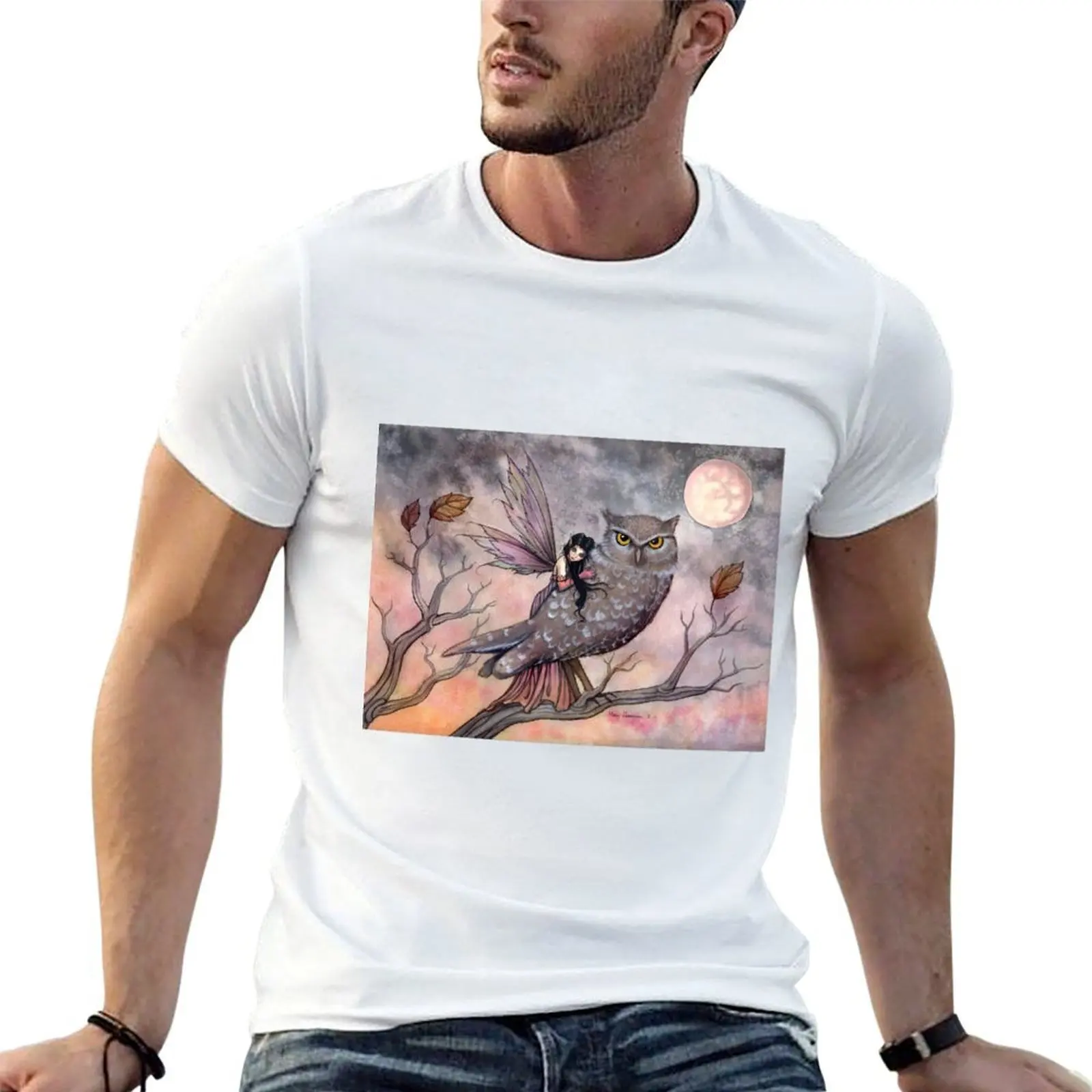 

Friendship Fairy and Owl Fantasy Art Illustration by Molly Harrison T-Shirt cotton t shirt man anime t shirts oversize T-Shirt