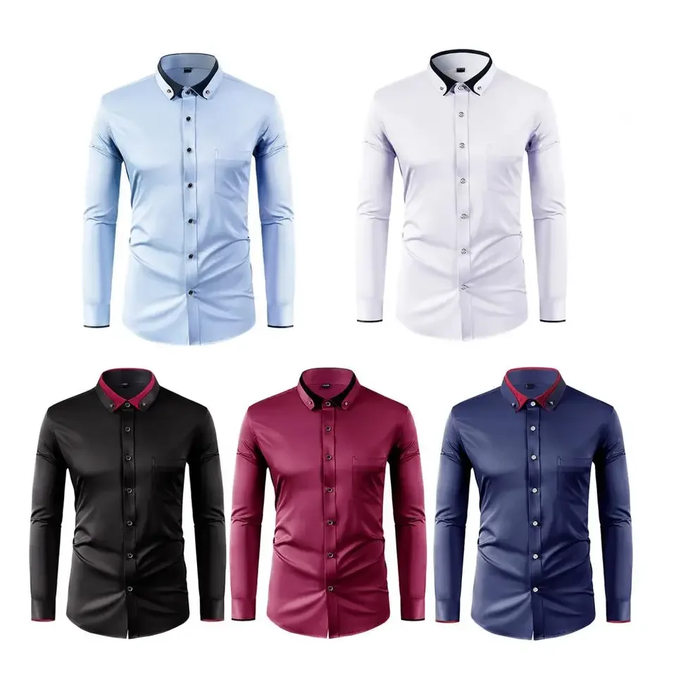 New Men's Fashion Pure Shirt Casual Long Sleeve Slim Party Dress Shirt Front  Wedding Dinner Formal Shirt For Men Prom Wear