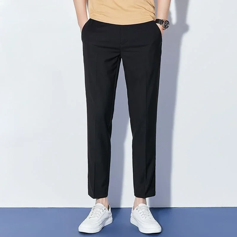 

Black Men's Summer Pants Draped Fluid Male Suit Trousers 9 Cropped Designer Clothes Korean Reviews Many Slacks Fashion Tailoring