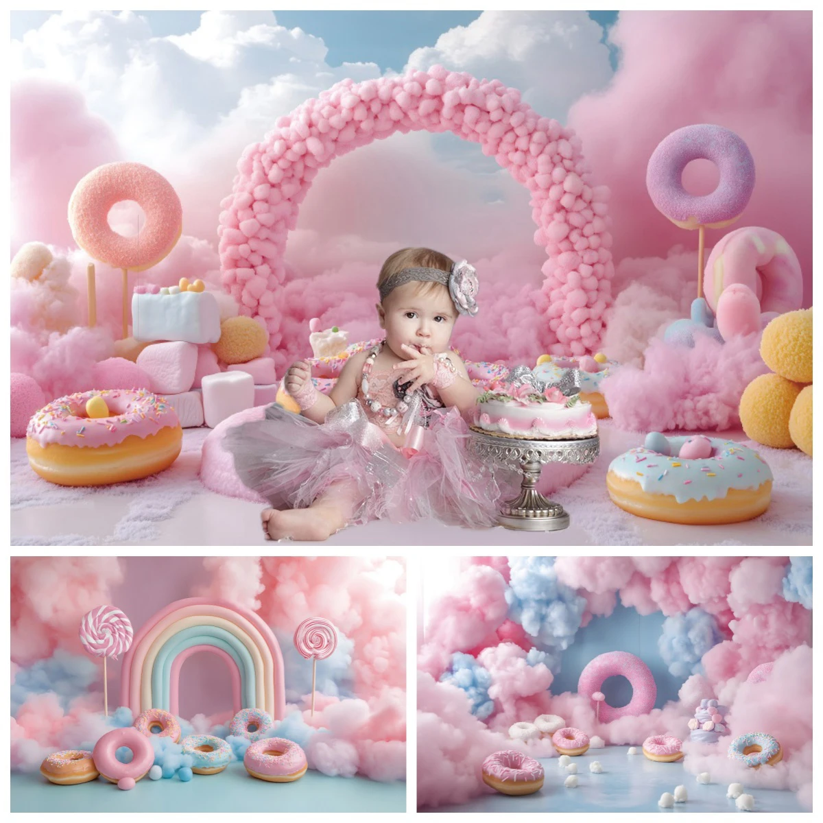 

Sweet Newborn Girl Birthday Party Decoration Backdrop Lollipop Donut Princess First Birthday Banner Baby Shower Photo Background