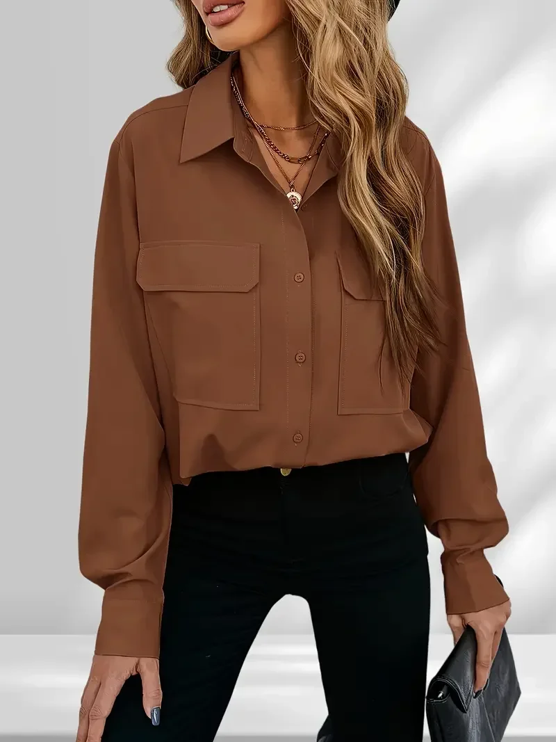 Plus Size 1Xl-5XL Women\'s Casual Blouse Women\'s Solid Button Up Turn Down Collar Blouse With Long Sleeve Pockets