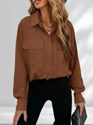 Plus Size 1Xl-5XL Women's Casual Blouse Women's Solid Button Up Turn Down Collar Blouse With Long Sleeve Pockets