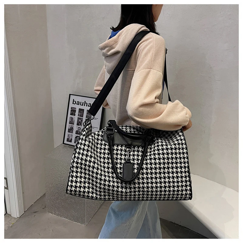 Women's Travel Totes Woolen Gym Bag Duffle Sports Fitness Business Casual Grid Luggage Handbag Outdoor Shoulder Weekend Bag