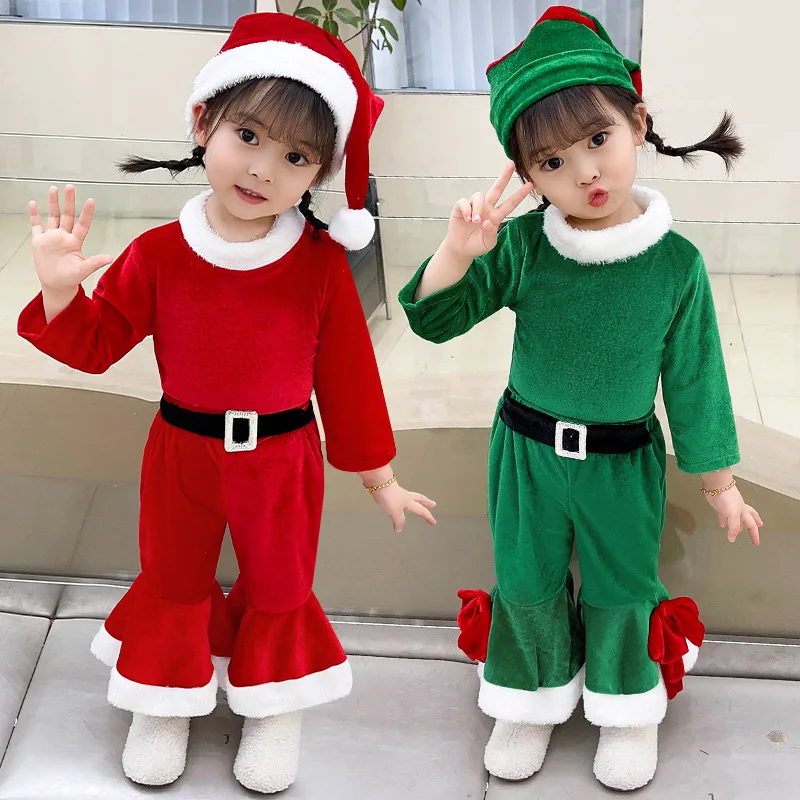 

New Girls Christmas Cosplay Long Sleeve Bell Bottom Velvet Suit Carnival Party Santa Claus Costume 4 Piece 2-8 Years Old 80-150