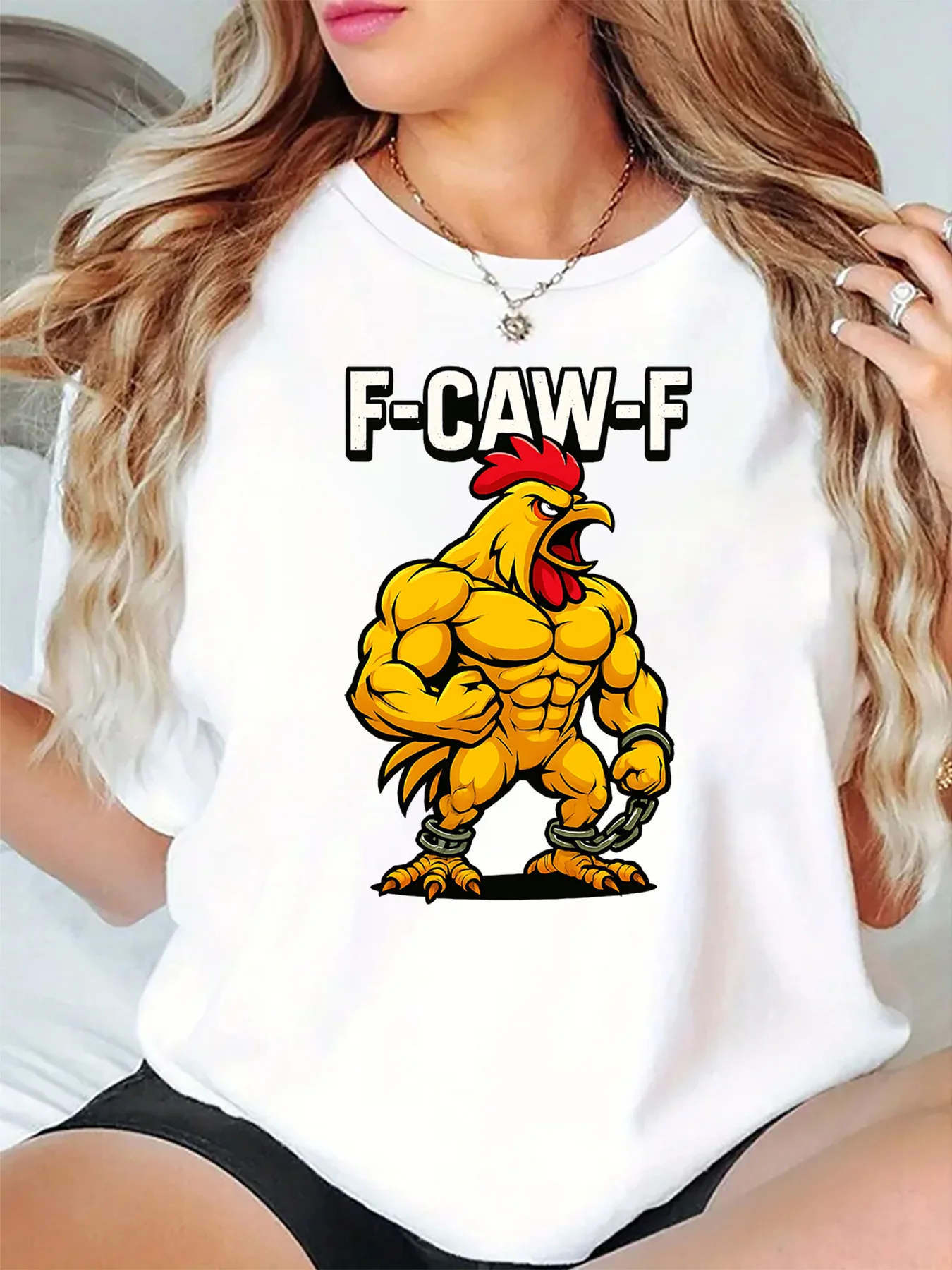 F Caw F Muscular Rooster With Chains Cartoon Art Graphic Womens T Shirt Short Sleeve Crew Neck Daily Casual Ladies Tee Tops