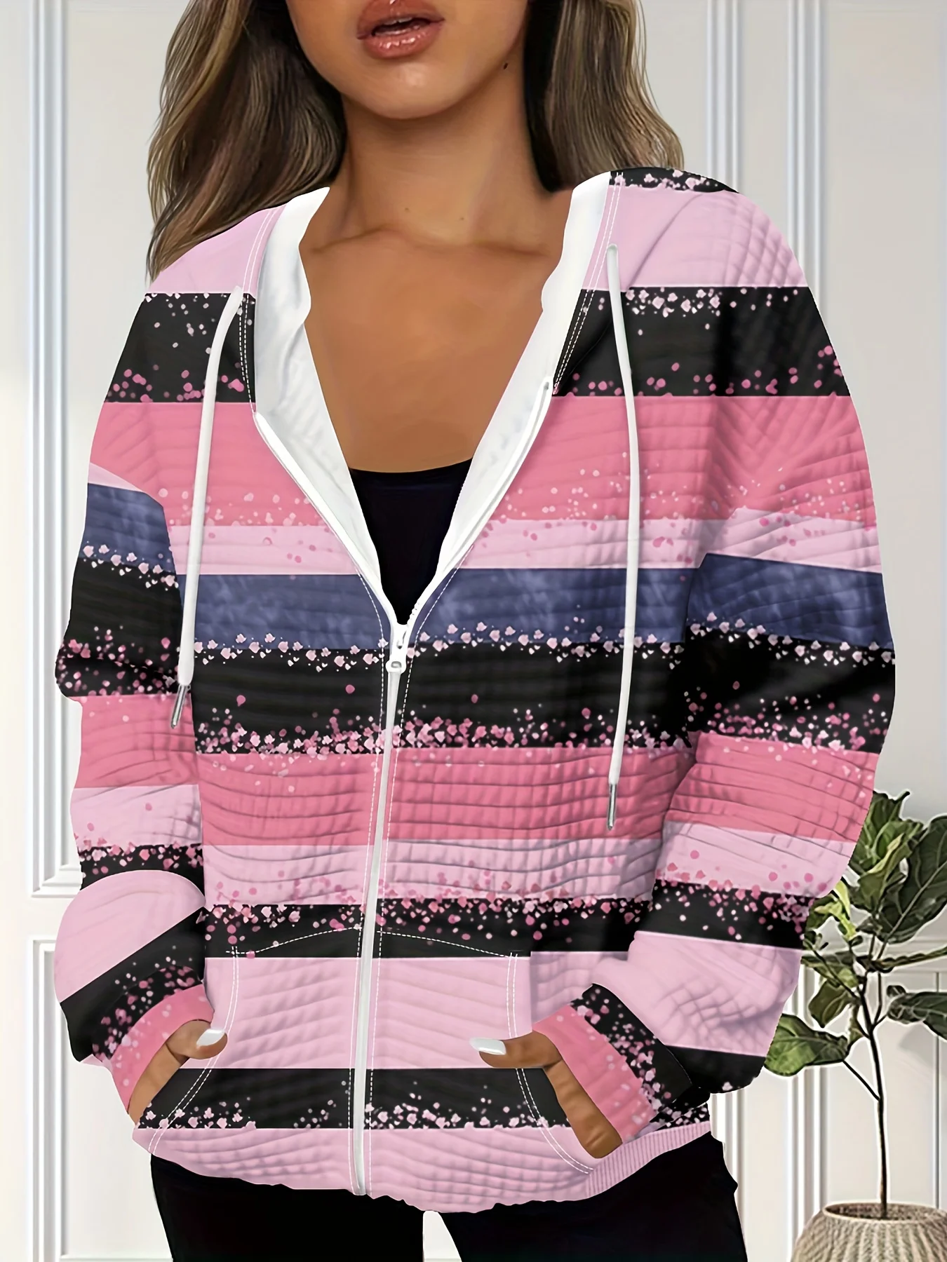 

Printed Design Casual style pink black striped patterned hooded jacket
