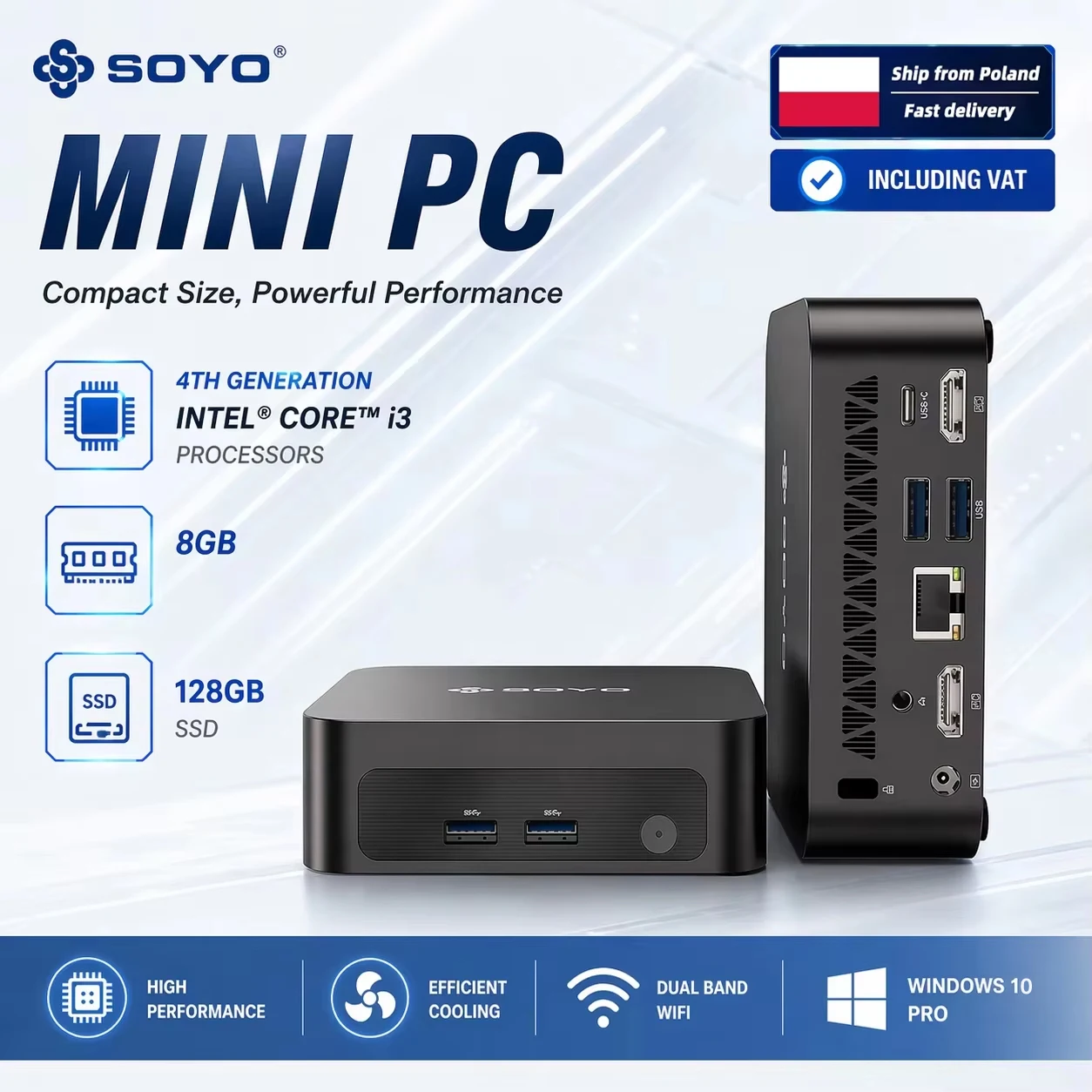 SOYO Y5 Mini-PC Intel I3-4030U Prozessor 8 GB RAM 128 GB SSD Windows 10 PRO Bluetooth WIFI5 Unterstützt 4K-Display Mini-Computer