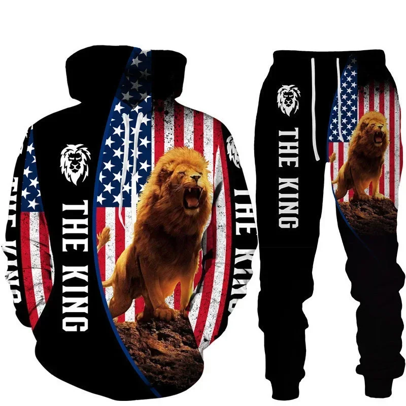 Hoodies Set Boy And Girl Animals Lion King 3D Printed Hoodie Set Fashion Boy And Girl Sportswear Two Piece Jogging Oversize Suit