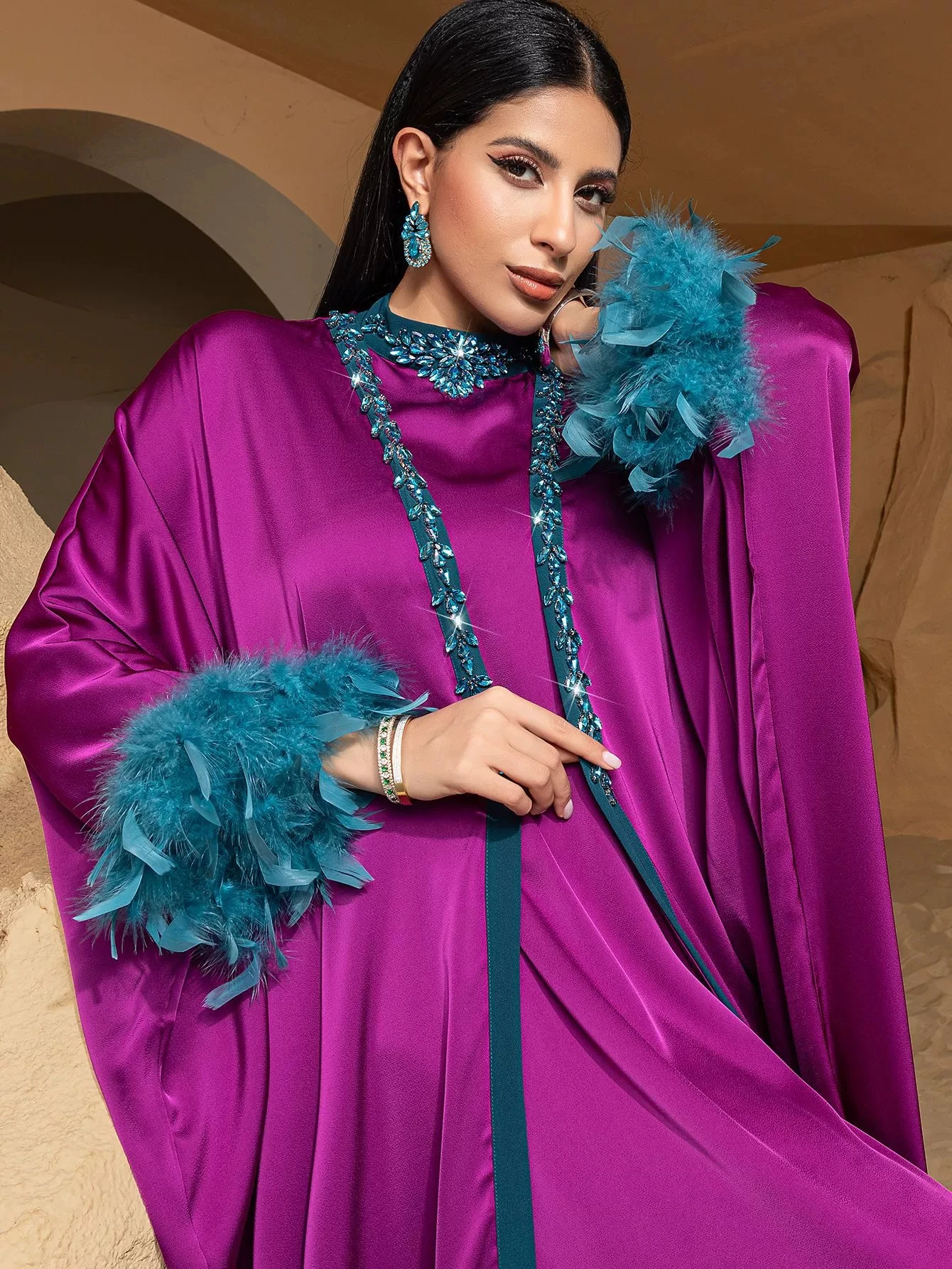 

New Rose Purple Light Luxury Half High Neck Muslim Women's Two Piece Set Middle East Ramadan Islamic Dubai Arab Large Size Dress