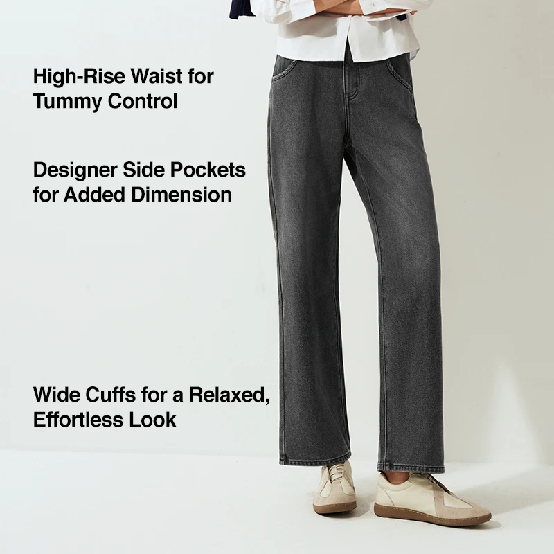 Semir Jeans Women Wide Leg Fleece Lined Comfortable High Waist Winter 2025 New Floor-Length Pants with Leg-Elongating Effect