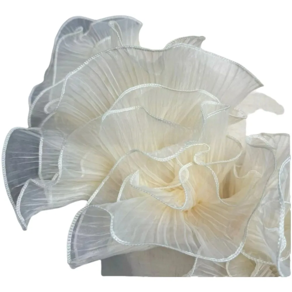 1 Yard Pleated Fabric Ruffle Pleated Double Layered Pleated Lace Rose Flower Pattern Organza Translucent Laser Gradient Lace