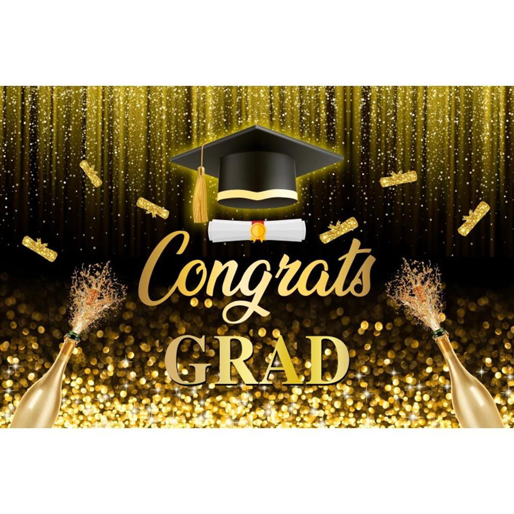 Class of 2024 Graduation Backdrop Black and Gold Glitter Balloons Custom Photography Background Congrats Grad Party Banner Decor
