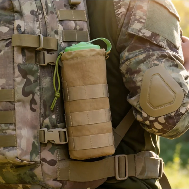 Adjustable Drawstring Nylon Molle Water Bottle Pouch Tactical Kettle Storage Bag For Outdoor Hiking Camping Hunting Cycling