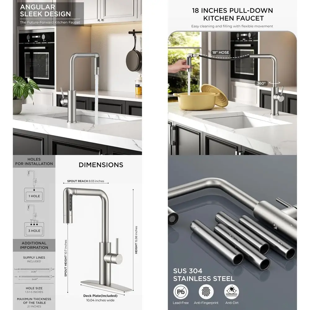 

Pull-Down Sprayer Kitchen Faucet with 5-Spray Settings, Brushed Nickel, 360° Swivel, Single Handle, Deck Plate or 1/3-Hole Mount