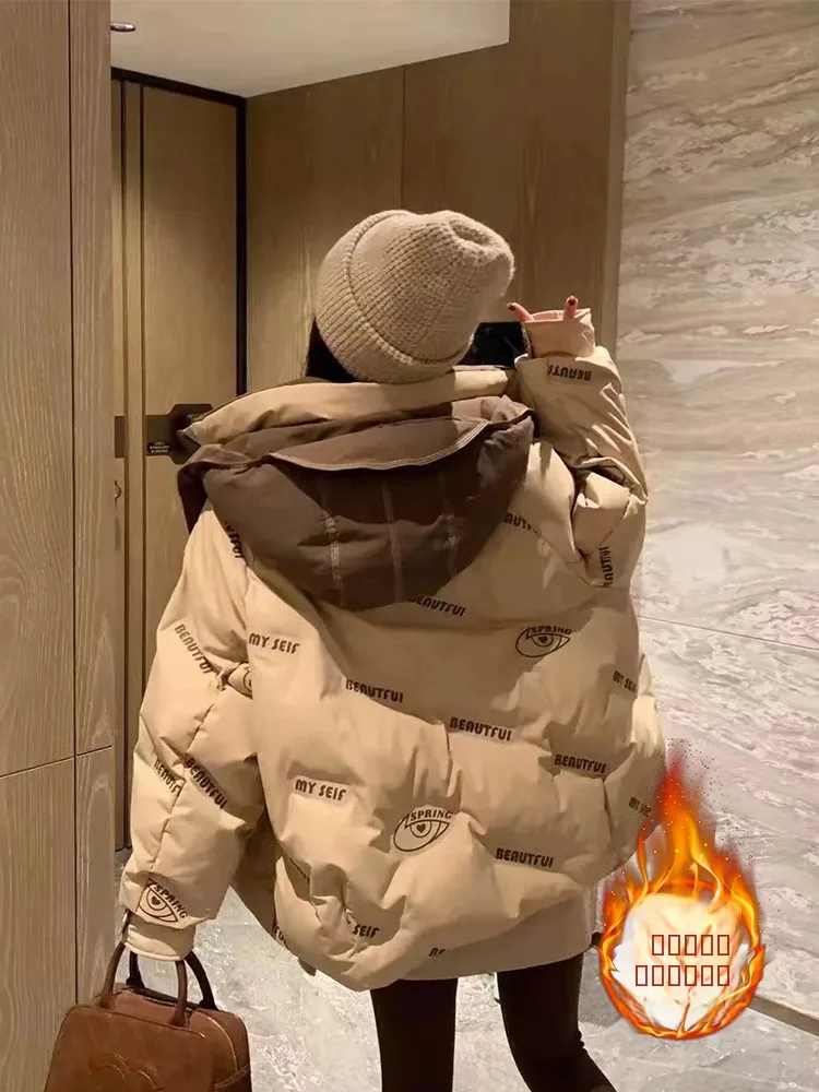 

Color Blo Hooded Cotton Jaet ort Thiened Ladies Coat Small Size Korean Sle Commute Long Sve Zipper Winter Coat