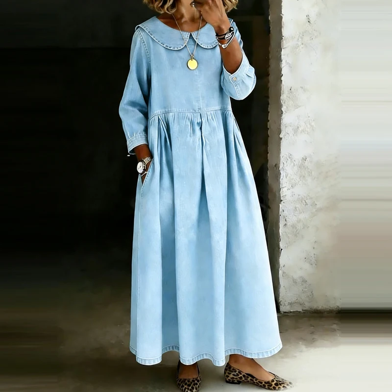 Modisches Langarm-Kleid mit Peter-Pan-Kragen Elegantes Einfarbiges Loses Rüschen-Maxikleid Stilvolles Damenkleid mit Hoher Taille aus Denim