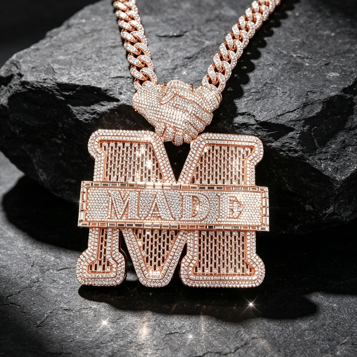 Hip Hop Charm 18K Rose Gold Plated Sparkling Statement Jewelry 3D Layered Design For Rapper Street Fashion Unisex Iced Out 3D Handshake M MADE Letter Pendant Cubic Zirconia Bling Accessory Party Club Daily Wear Fine Jewelry Gifts for Men Boy Friends