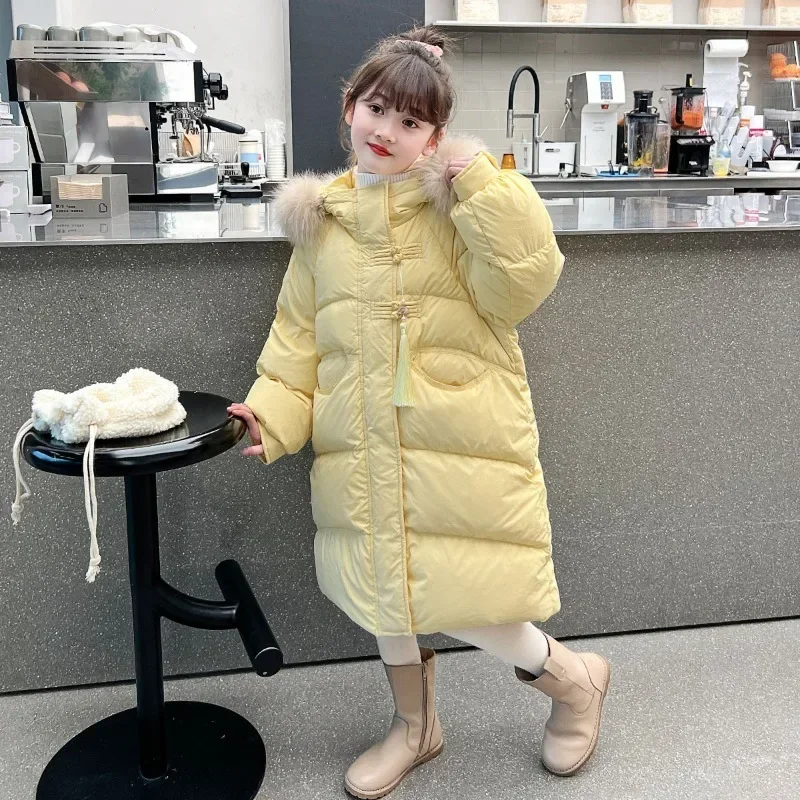 2024 New Girls Winter Warm Jackets Fashion Hooded Children Thicken Down Cotton Coats Teenager Clothes Mid-length Kids Outerwear